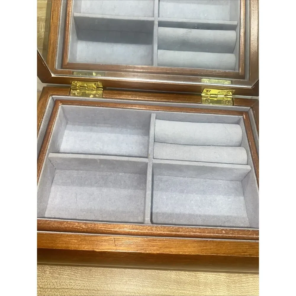 Vintage Jewelry Box Wood with Floral Tapestry Inlaid Top Mirrored Velvet Inside